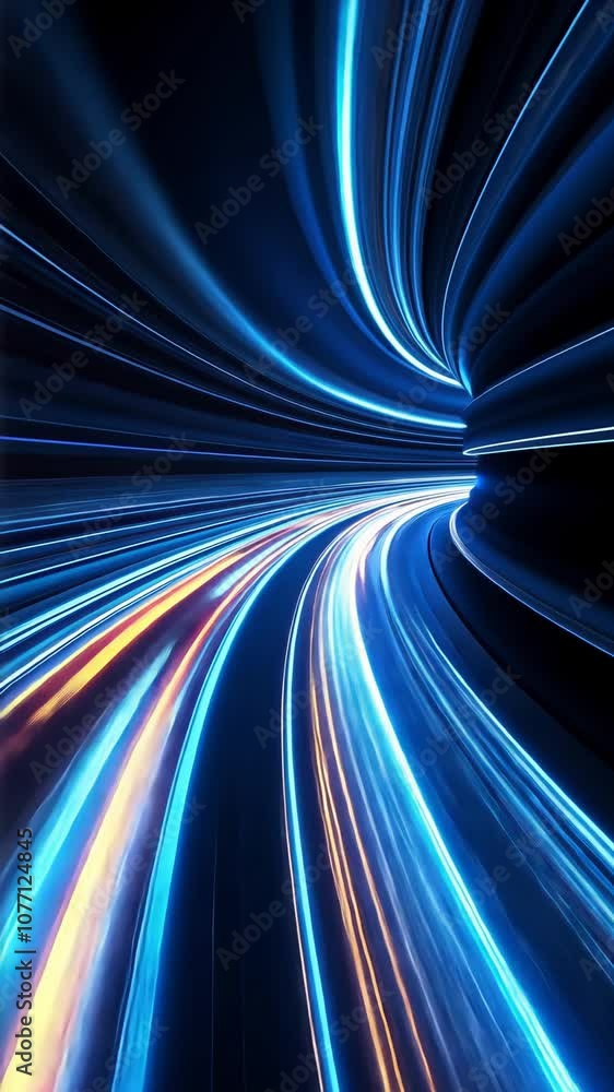 Poster exploring vibrant light trails in a futuristic digital world created by dynamic movements and swirli
