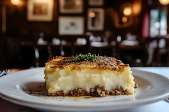 A close-up of a plate of hearty hachis parmentier - ground meat and mashed potatoes - in a cozy French bistro with wooden tables, soft lighting, and artwork evoking an intimate atmosphere