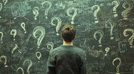 a thoughtful young man stands with his back to us, pondering in front of a blackboard filled with chalk-drawn question marks, symbolizing a quest for knowledge and understanding