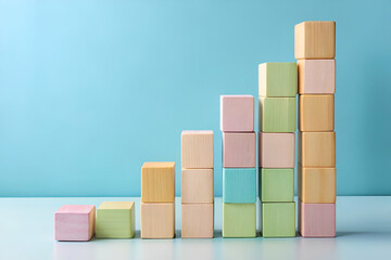Obraz premium Colorful wooden blocks arranged in ascending order, showcasing growth or progress against a light blue background.