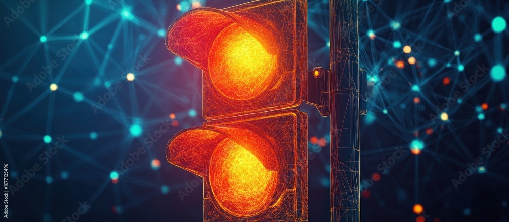 Poster orange traffic light low poly wireframe banner template. 3d get ready sign, wait signal with connect