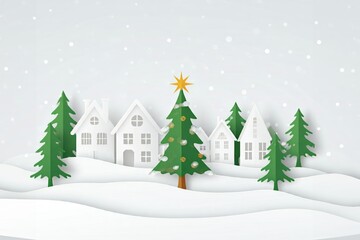 Fototapeta premium Eine minimalistische Winterlandschaft mit schneebedeckten Hügeln, weißen Häusern und grünen Tannen, gekrönt von einem festlichen Weihnachtsbaum – perfekt für Grußkarten. Generative KI.