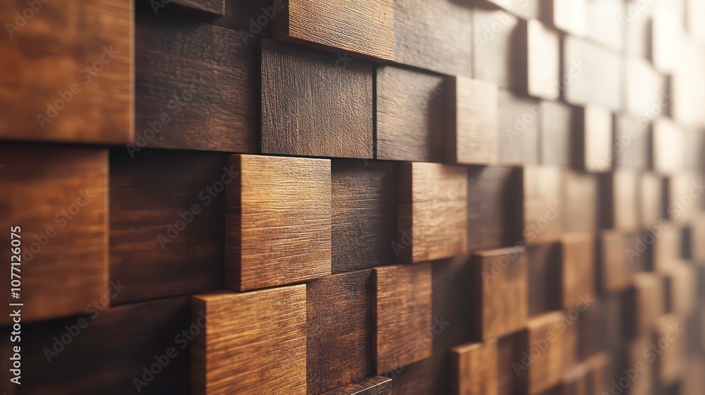 Poster a close-up shot of a wall covered in brown wooden blocks, creating a textured and natural pattern.
