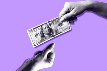Hand giving and receiving money on purple background. Concept of business and finance. Art collage digital pop modern art