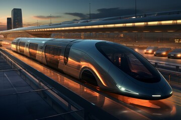 Futuristic hyperloop train racing through advanced tunnels, showcasing speed and innovation