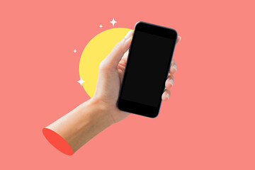 Mobile phone with black screen in female hand isolated on a pink color background. Blank with an empty copy space for the text. Art collage digital pop modern art