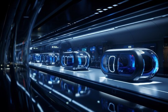Futuristic hyperloop train accelerating through high speed tunnels, showcasing advanced technology