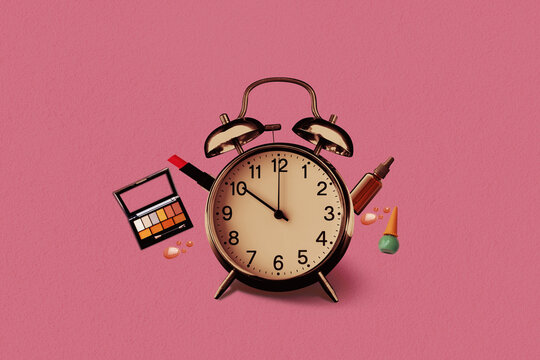 Cosmetics promotion limited time Flash Sale, Limited Time Offer and alarm clock on pink background. Art collage digital pop modern art