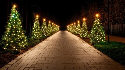 Obraz premium Enchanting Lit Christmas Trees Lining a Paved Pathway in a Serene Night Setting, Creating a Magical Holiday Atmosphere and Festive Ambiance