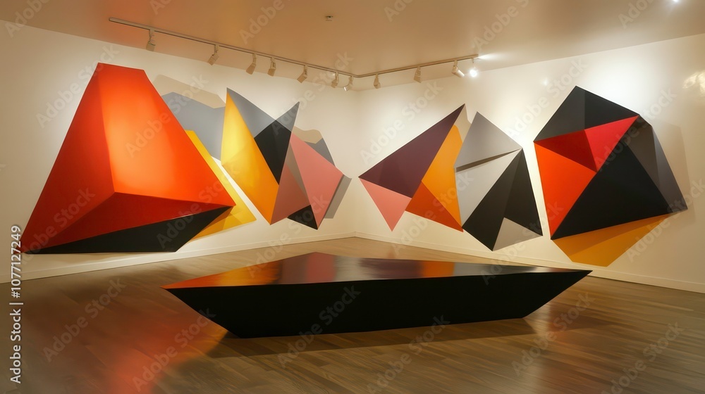 Poster a modern art installation with geometric shapes in a gallery setting.