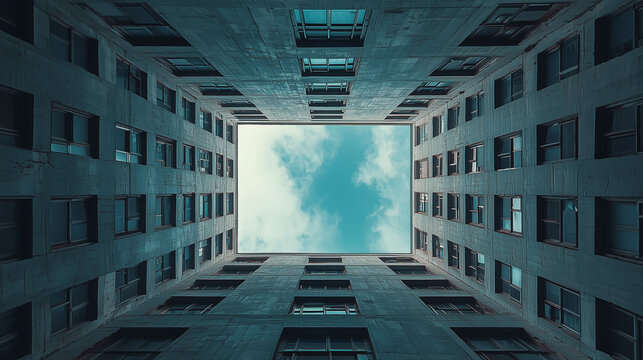 Symmetrical view of an urban building courtyard looking up at a bright sky framed by concrete walls - Powered by Adobe