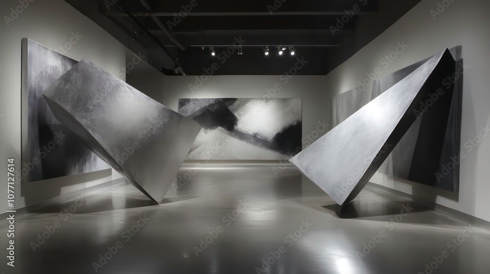 Poster A minimalist art installation in a gallery space with two large abstract paintings and two three-dimensional sculptures. The sculptures are grey and appear to be floating.