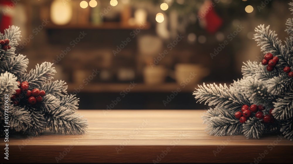 Poster two evergreen branches with red berries are placed on either side of a wooden table, with a blurred 