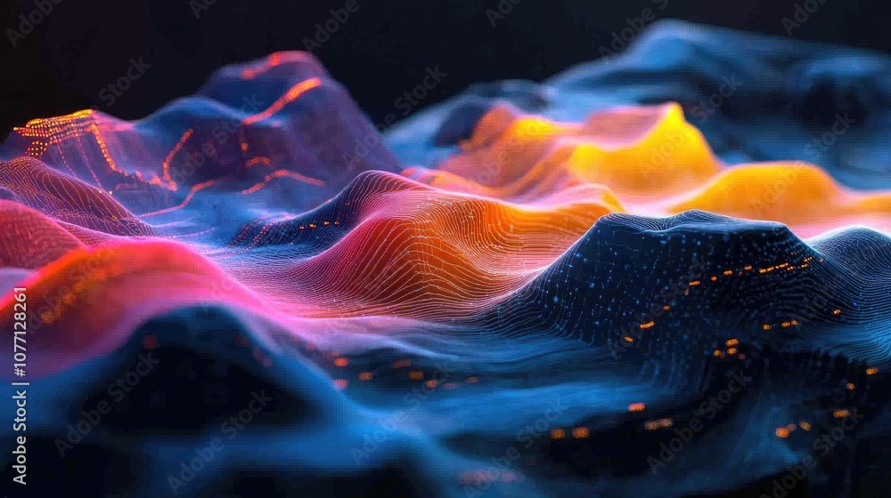 Poster abstract digital landscape with flowing waves of light and colorful patterns representing data visua