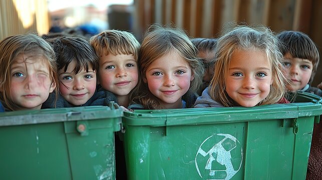 Children looking into a green recycling box, symbolizing education and awareness about the importance of recycling for the environment