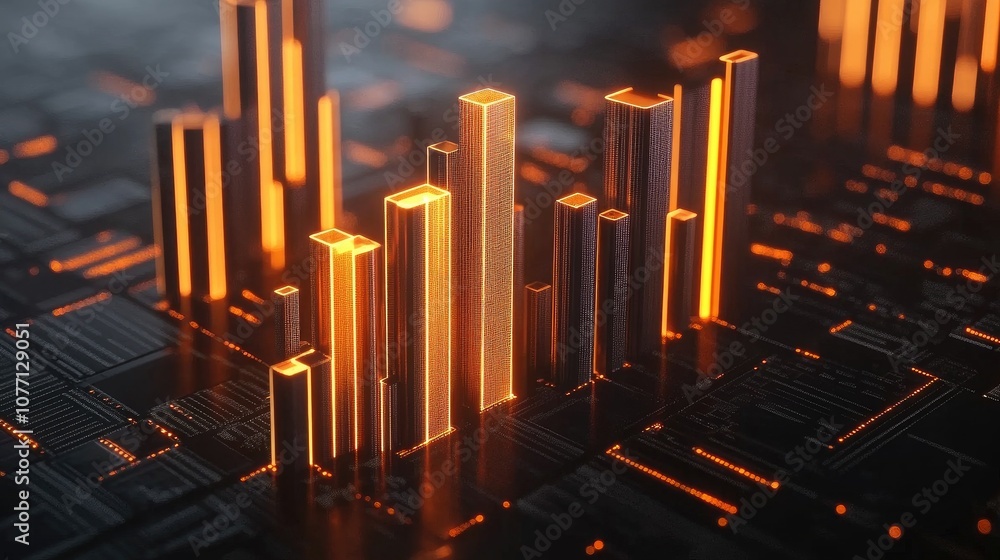 Poster futuristic data visualization with neon bars and circuit board background, representing growth and t