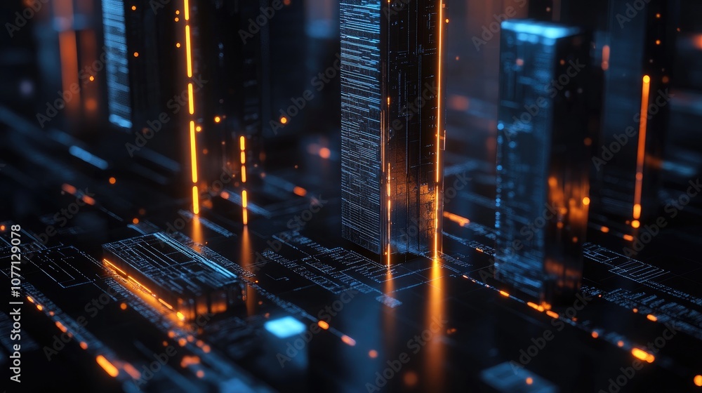 Poster futuristic digital landscape with glowing structures and light trails representing advanced technolo