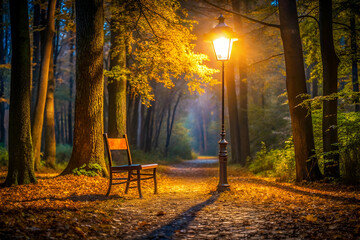 Obraz premium A serene path in a forest illuminated by a streetlamp, featuring an empty chair surrounded by autumn foliage and a soft mist.