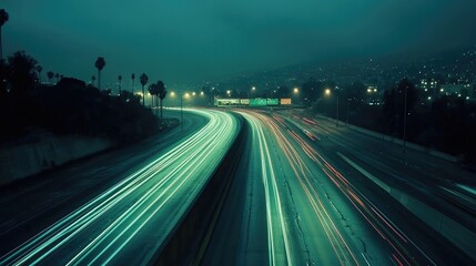 Serene Night View of a Modern Urban Freeway with Light Trails and City Lights in the Background, Capturing the Essence of Late-Night City Life