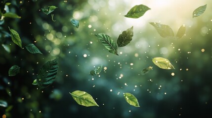 Fototapeta premium Floating green leaves captured in mid air against a dark background in a serene natural setting