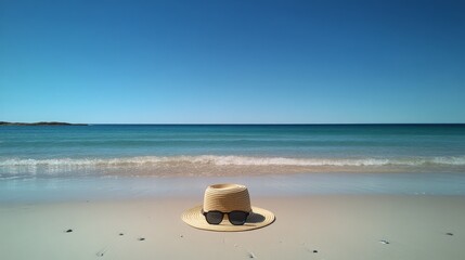 A sun hat and sunglasses resting on warm sand at a beach during a sunny day by the ocean