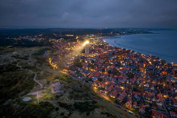 Terschelling town and light beacon Brandaris lighthouse night aerial