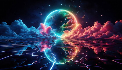 4K Background ,Colorful Landscape Art, Earth Planet , Magic, Neon Lights, 3D Nature,  for Youtube thumnail or background video or music cover art , or home decor
