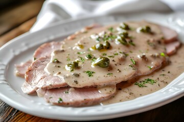 Close-up of Vitello Tonnato: tender veal slices with creamy tuna sauce and capers on a sleek white plate, set on a rustic table in a cozy, authentic Italian restaurant