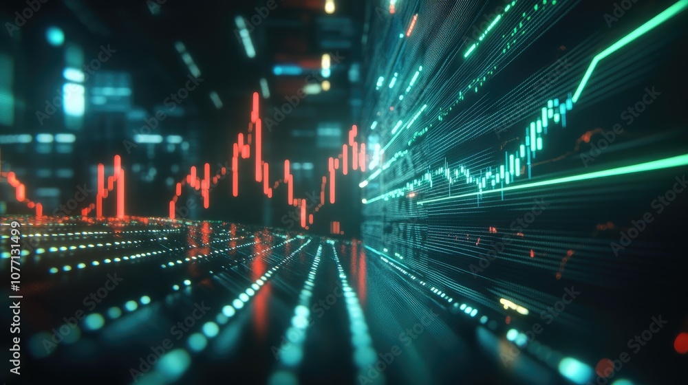 Poster futuristic digital data visualization featuring bright graphs and charts on a dark background for fi