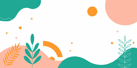 Modern abstract background banner featuring colorful geometric shapes, plants and copy space, ideal for website headers, social media posts, or presentations