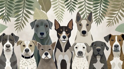 Obraz premium A diverse group of ten dogs posing together against a leafy background in a colorful, artistic display of canine companionship. AI.