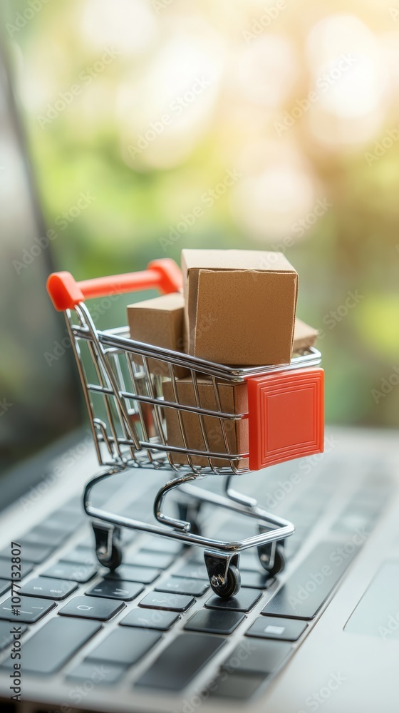 Poster miniature shopping cart full of cardboard boxes is standing on a laptop keyboard, representing the c