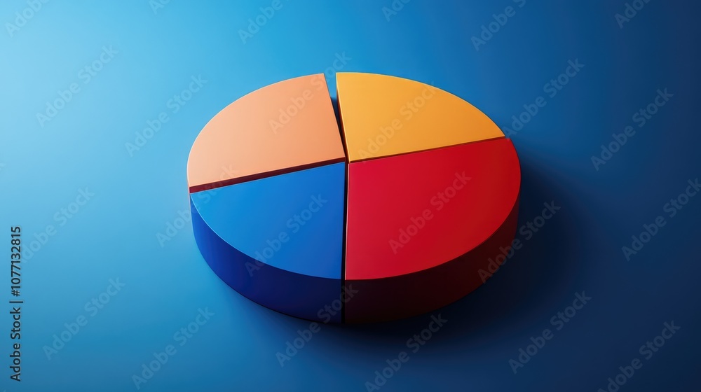 Poster vibrant pie chart model displaying sections in orange, blue, red, and yellow on a smooth blue backgr