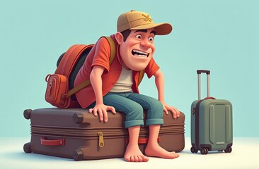tired illustrated male traveler sitting on luggage in huge suitcase. vacation adventures with humor. travel challenges, journey preparations, tourism.