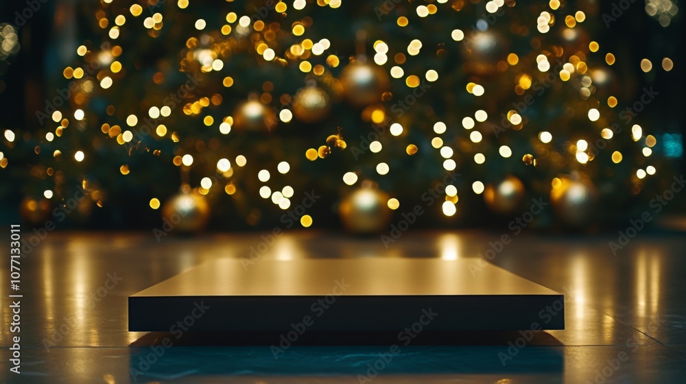 Poster A square platform sits on a polished floor with a blurry Christmas tree in the background. The tree is decorated with lights and ornaments, creating a festive atmosphere.