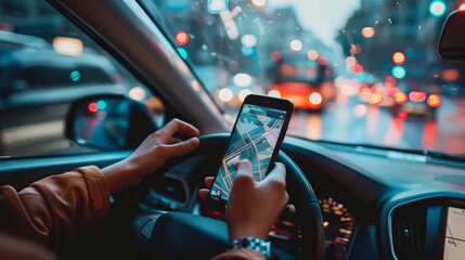 Passenger uses mobile phone in a ride-sharing taxi.