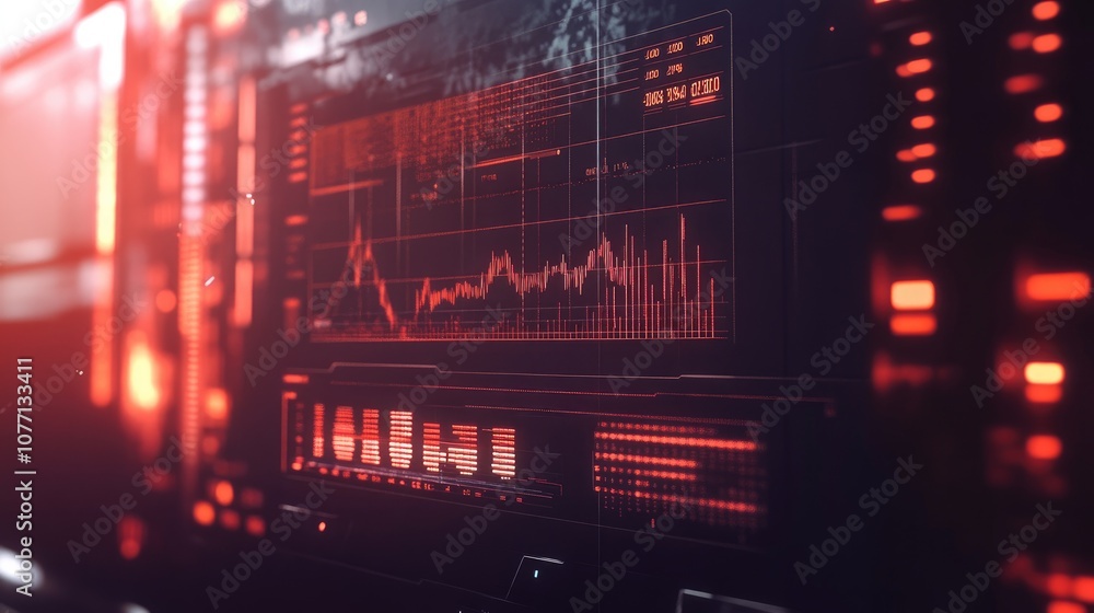Poster abstract digital interface with data visualization elements displaying graphs and charts in red and 