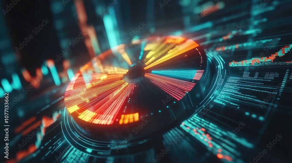 Poster futuristic digital visualization of data analytics with colorful charts, graphs, and numeric display