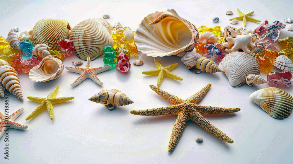 Poster a collection of seashells and starfish are displayed on a white background. the seashells come in va