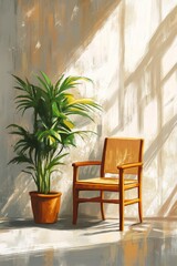 Fototapeta premium A cozy orange armchair beside a lush plant against a sunlit wall in a modern interior space