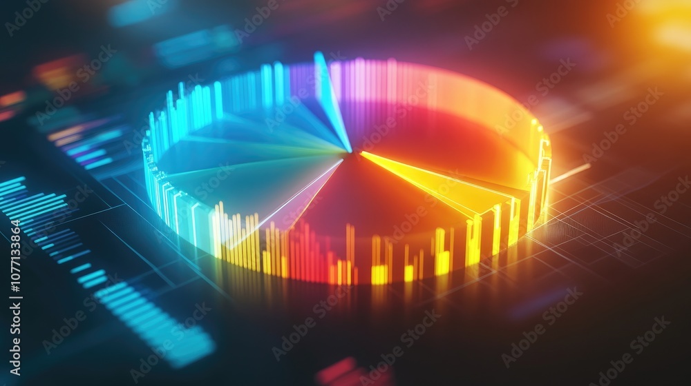 Poster colorful data visualization with a pie chart and bar graph representing analytical metrics, showcasi