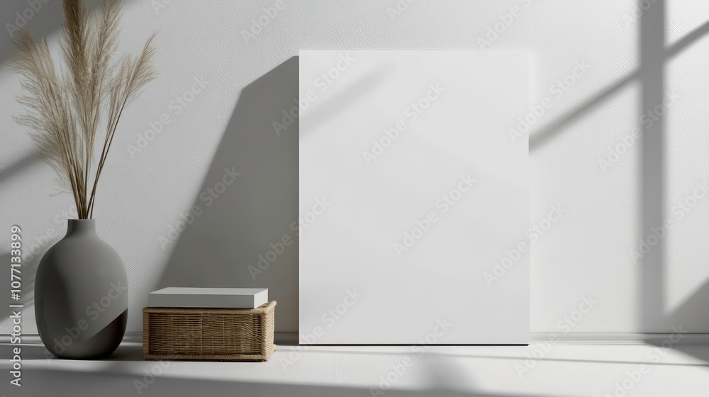 Poster a blank canvas mockup leaning against a white wall with a vase and two books in front of it.