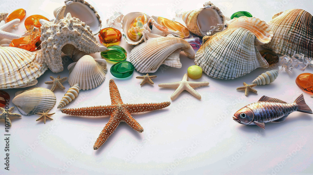 Poster a collection of seashells and starfish are displayed on a white background. the seashells come in va