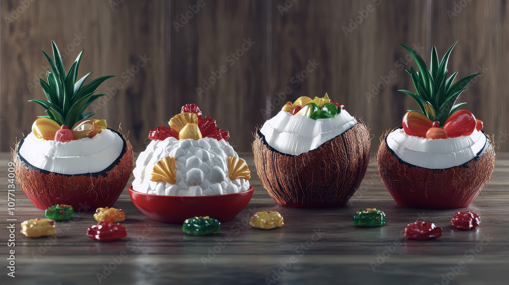 Poster a table with bowls of colorful candies and a coconut shell. the bowls are filled with various colore