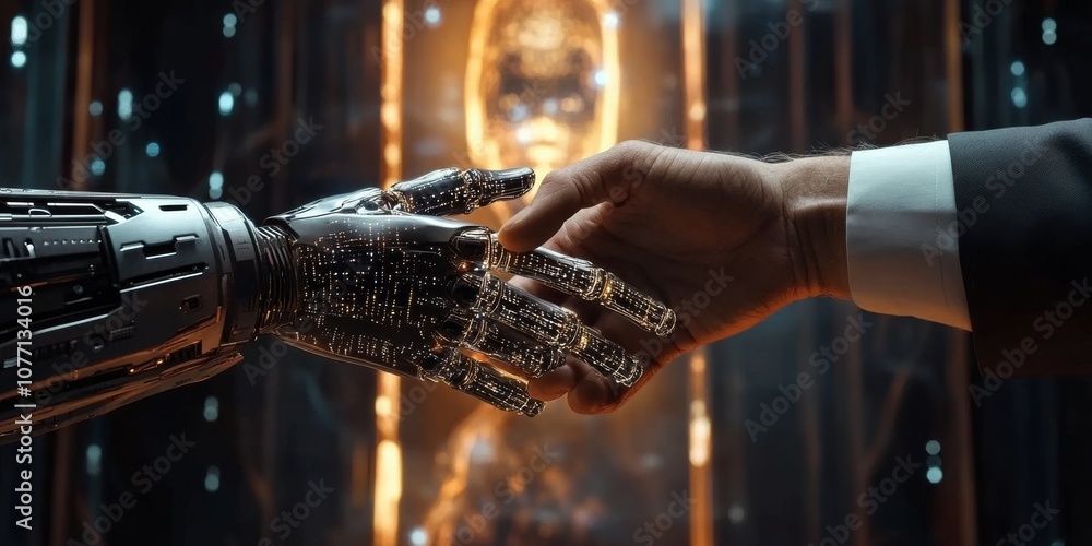 Poster a human and a robot shake hands in front of a digital hologram. this image represents the future of 