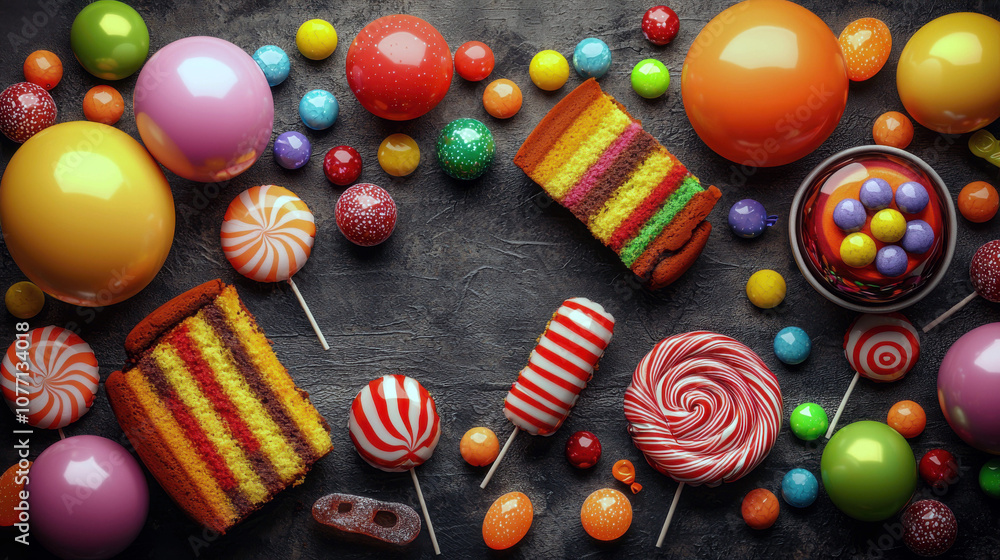 Poster A table with bowls of colorful candies and a coconut shell. The bowls are filled with various colored candies, and the coconut shell is empty. The scene is inviting and playful