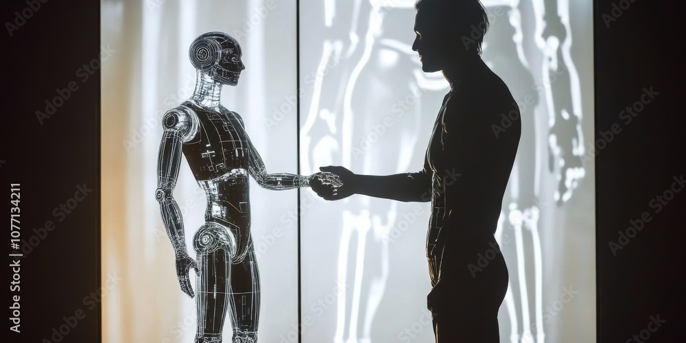 Poster a human and a robot shake hands in front of a digital hologram. this image represents the future of 