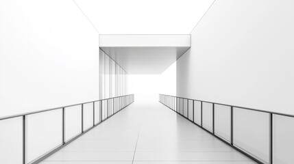 Obraz premium A long, white hallway with a glass railing and a bright light at the end.