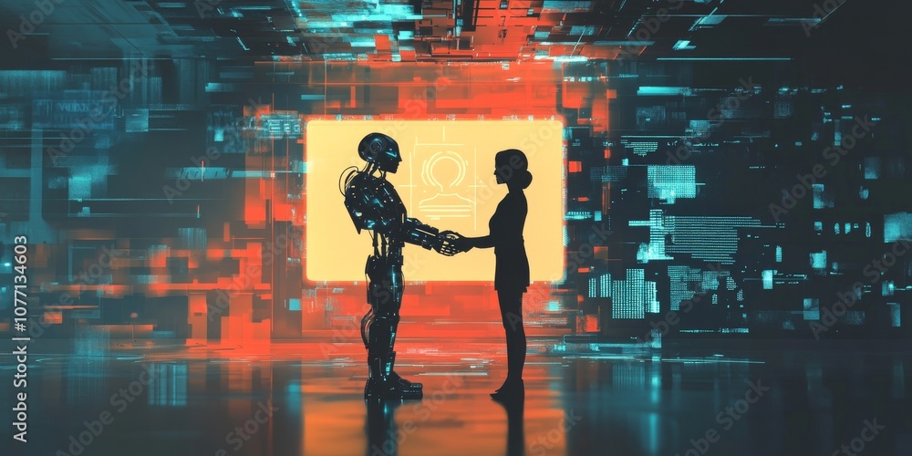 Poster a human and a robot shake hands in front of a digital hologram. this image represents the future of 