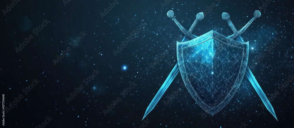Poster shield and swords isolated on dark background. protect and secure concept.